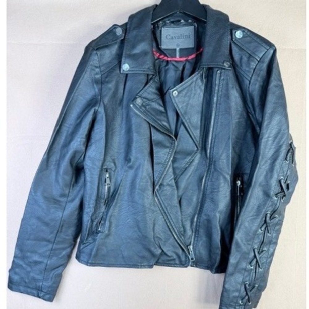 Cavalini Black Faux Leather Moto Jacket XL Lace Up Biker Motorcycle